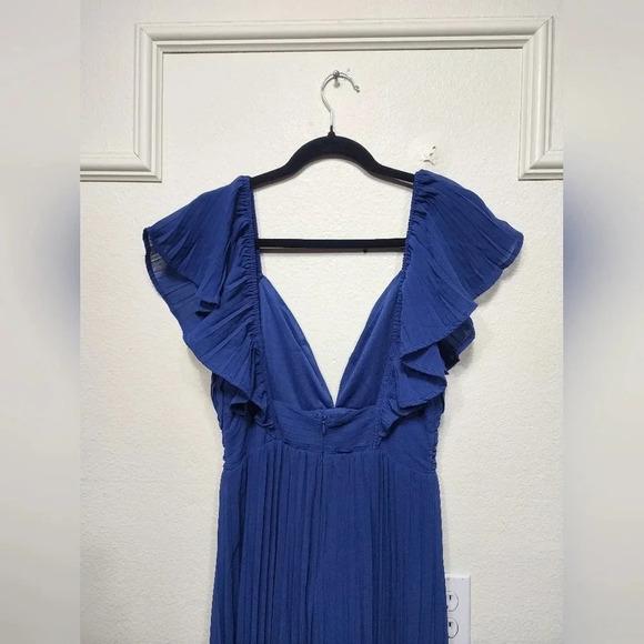 Lulus Ideal Occasion Blue Pleated Flutter Sleeve Backless Maxi Dress M Party - Picture 10 of 11